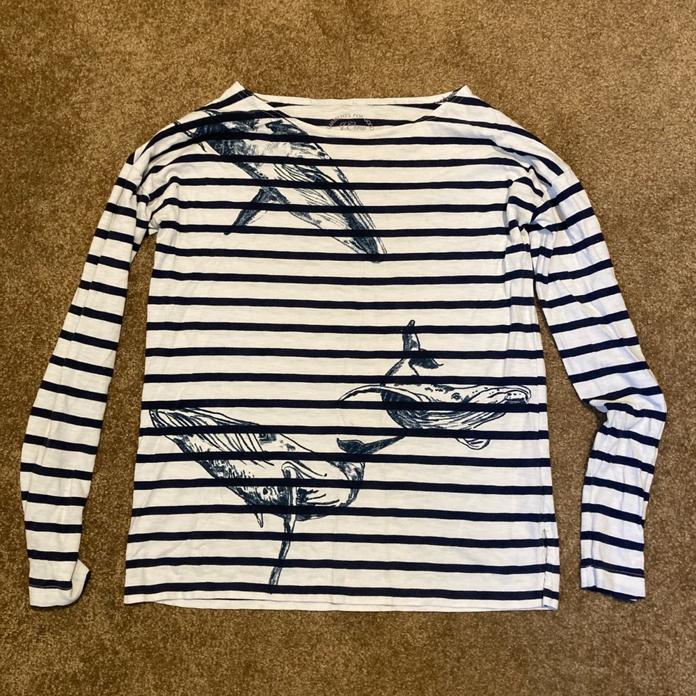 J. Crew White & Navy Striped Whale Graphic Long Sleeve Tee